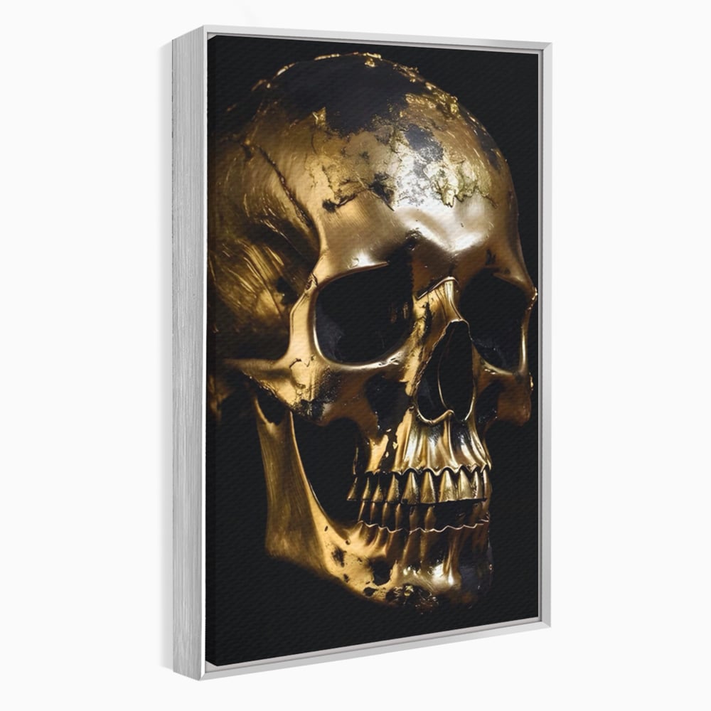 Tablou canvas cu tablou canvas cu craniu auriu, in rama de aluminiu argintiu